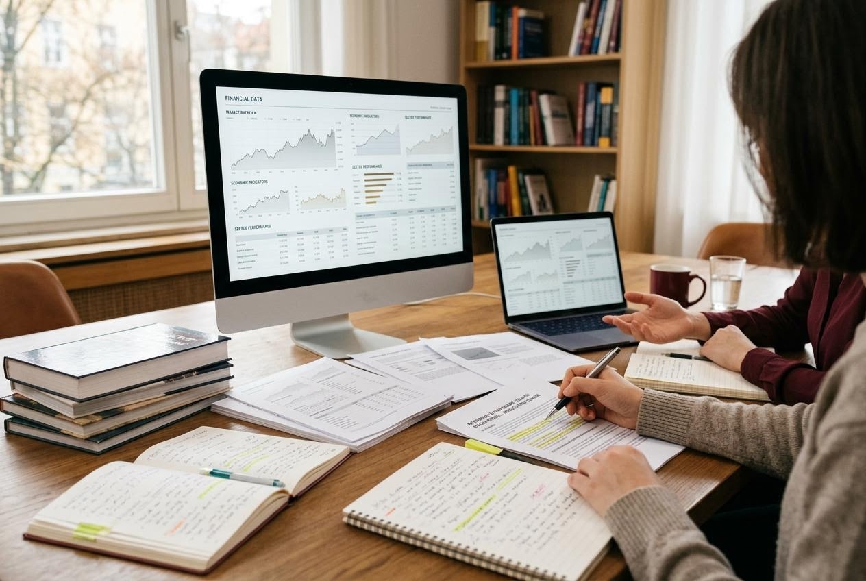 Meja kerja tim editorial Referensi Saham Dasar dengan layar komputer menampilkan data pasar dan buku referensi keuangan