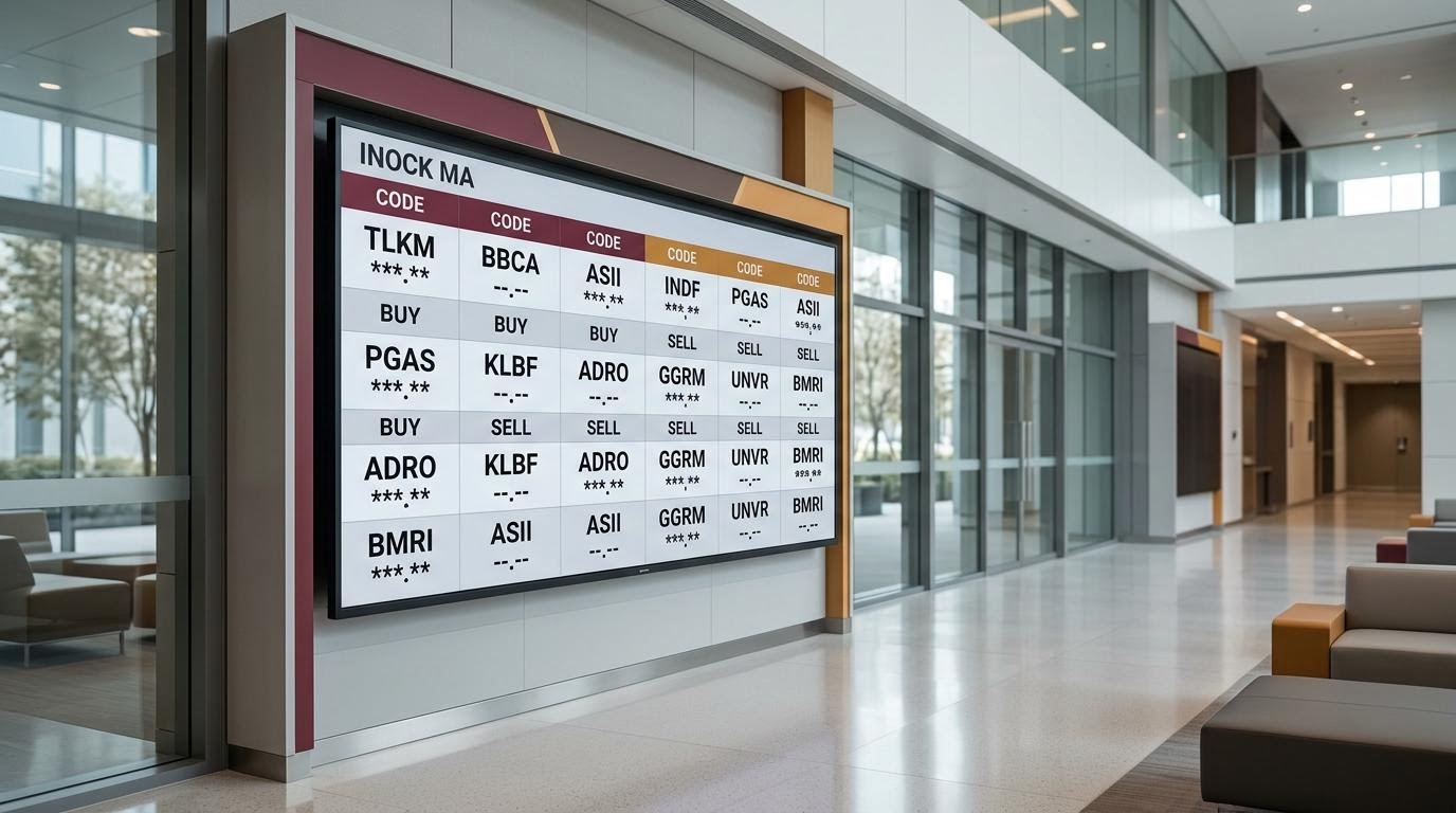 stock exchange information board with neutral list of stock codes, Indonesian context
