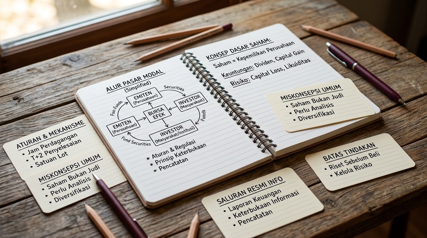 open notebook with capital-market basics diagram on a wooden desk, Indonesian context