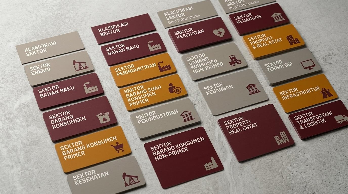 neatly grouped sector category cards illustrating market classification, Indonesian context