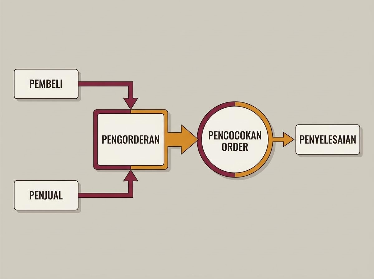 Diagram alur sederhana yang menggambarkan mekanisme pencocokan order di pasar.