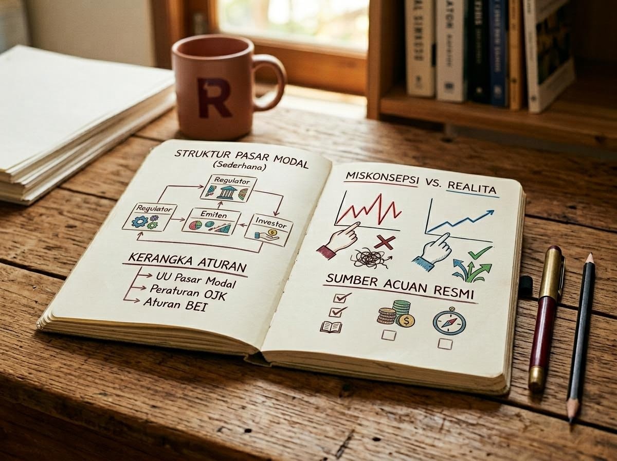 Buku catatan terbuka berisi diagram dasar pasar modal di atas meja kerja.