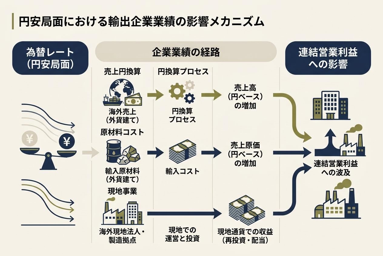 円安局面とメーカー株の関係を示す概念図