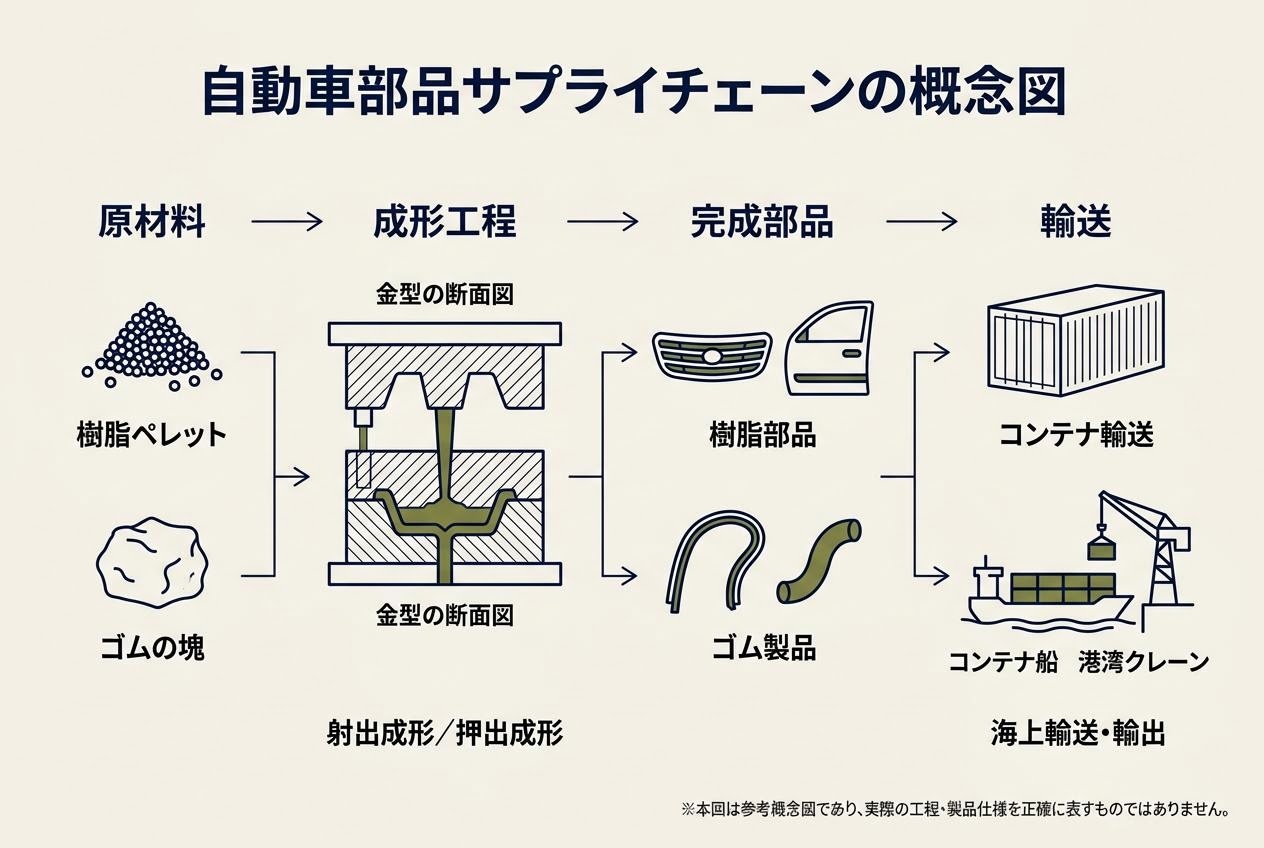 自動車部品のサプライチェーンを示す資料