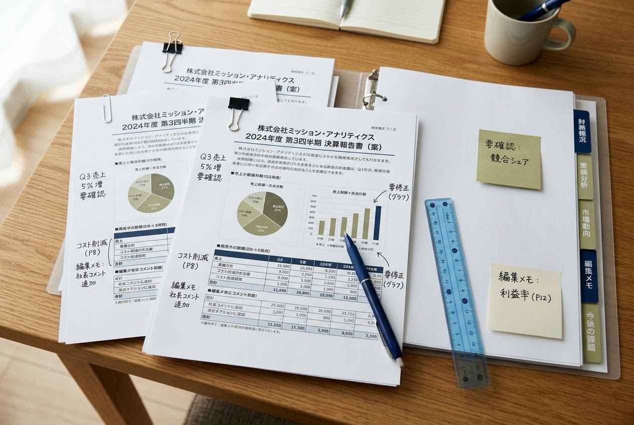 分析資料を開いた編集部のデスク